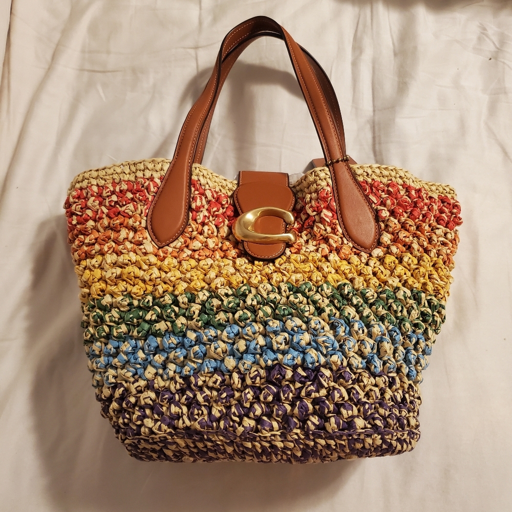 Coach Soft Tabby Straw Colourful Rainbow Tote Leather Summer Pride Slouchy